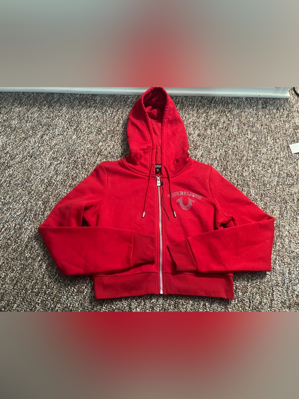 True Religion Women’s Red Icon Studded Bling Full Zip Cropped Hoodie Size Large